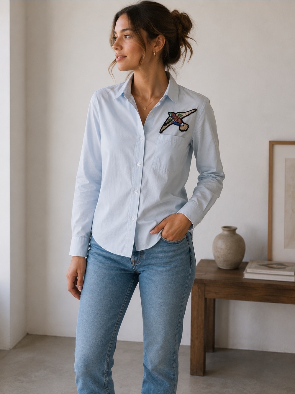 Simons Icône Sky Blue Sequin Bird Button Down Shirt Size PS Petite Minimalist